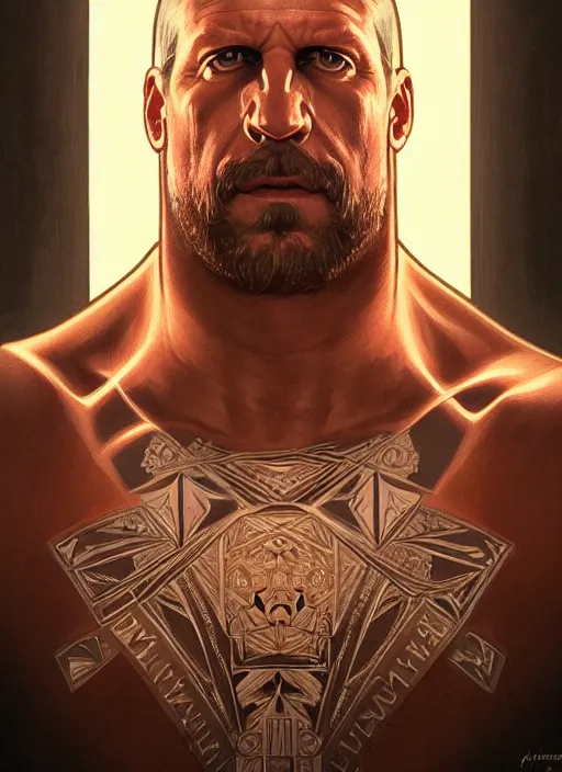 Image similar to symmetry!! portrait of wrestler triple h, intricate, elegant, highly detailed, digital painting, artstation, concept art, smooth, sharp focus, illustration, art by artgerm and greg rutkowski and alphonse mucha