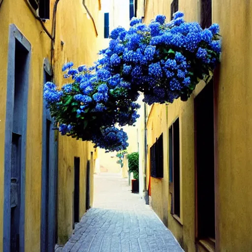 Image similar to kodak portra 8 0 0, flickr photograph view of a calm hallway street street with blue roses!! blue flowers! in downtown neo - venezia in a dreamy afternoon, a corner shop can be seen selling flowers! flower shop!!!