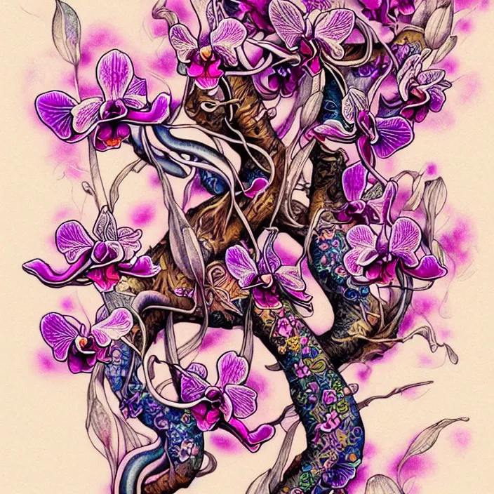 Image similar to extremely psychedelic tattoo design made of orchid and cherry blossom tree and mushroom, LSD tattoo design, diffuse lighting, fantasy, intricate, elegant, highly detailed, lifelike, photorealistic, digital painting, artstation, illustration, concept art, smooth, sharp focus, art by John Collier and Albert Aublet and Krenz Cushart and Artem Demura and Alphonse Mucha