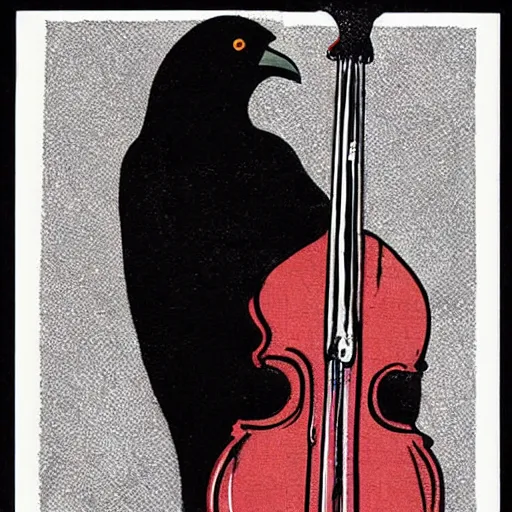 Prompt: 1970s illustration of a crow playing an upright bass