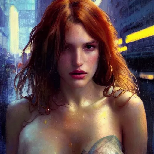 Image similar to full figure bella thorne, hyperrealistic portrait, bladerunner street, art of elysium by frank frazetta and jeremy mann and alphonse mucha, fantasy art, photo realistic, dynamic lighting, artstation, poster, volumetric lighting, very detailed face, 4 k, award winning