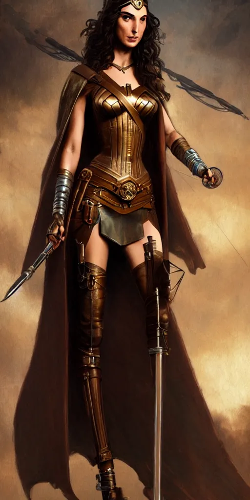 Image similar to highly detailed steampunk gal gadot standing, cape, bo staff : leonardo da vinci, greg rutkowski, magali villeneuve