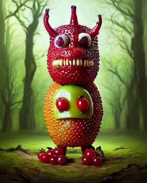 Image similar to portrait of a fruit figurine monster made of different fruit, 3 4 5 3 1, standing in a forest, staring wide open eyes, open mouth, very detailed eyes, trees in the background, sunlight, oil painting, highly detailed, dramatic lighting, hyperrealistic, 8 k, smooth, intricate, artstation, cgsociety, by artgerm, by wlop