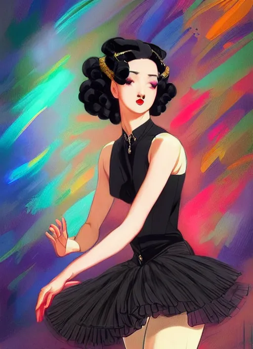 Image similar to a beautiful dancer with black hair in 1940's fashion, ballroom background, intricate, highly detailed, digital painting, artstation, official media, anime key visual, concept art, rich vivid colors, ambient lighting, sharp focus, illustration, art by Artgerm, Makoto Shinkai, Ilya Kuvshinov, Lois Van Baarle, and Rossdraws