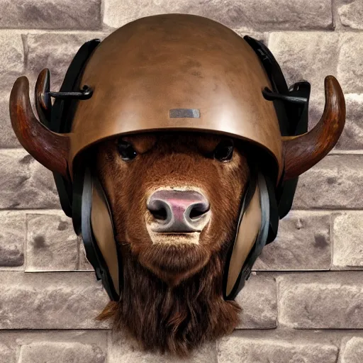 Image similar to hunting trophy bison head in vr helmet nailed to the wall,