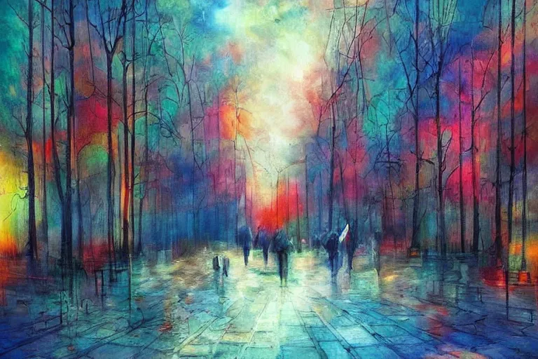 Prompt: amazing landscape painting with moody zealots, crying in the street and unusual colors, random-artist-blend
