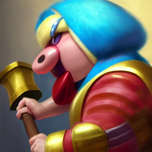 Prompt: king dedede holding his hammer fighting kirby. league of legends character art. digital illustration. hyper realistic. high quality. high resolution. 4 k. dynamic lighting. highly detailed. trending on artstation. ruan jia, wlop. scifi, fantasy, magic the gathering, hyper detailed, octane render, concept art, peter mohrbacher, artgerm.