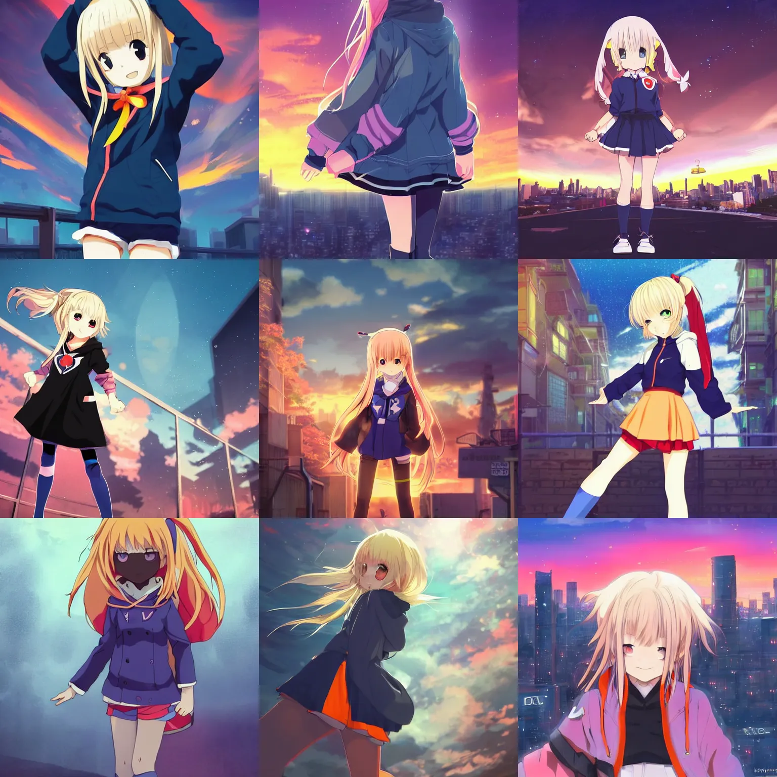 Prompt: Astonishing Pixiv 8K Splash art of an Anime Key Visual Pinterest loli with blond hair and cute pigtails, who wears a blue coat with a hood and black shorts , practicing parkour through a big modern city in twilight from Unsplash. She does a superhero pose against a cinematic dark scene of an HDR sunset with faint orange light in Studio Ghibli style, amazing piece, trending on Artstation, DeviantArt.