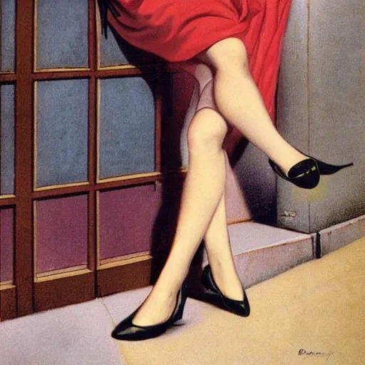 Image similar to man, city, street, kitten heel, buildings, by gil elvgren, olivia