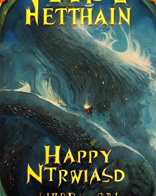 Image similar to happy birthday postcard, cover of a fantasy book by Neil Gaiman, trending on artstation, 8k, highly detailed