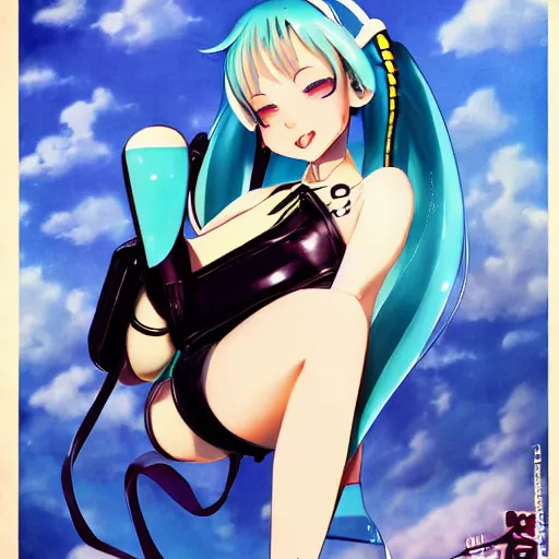 Image similar to Hatsune Miku full body pin up modeling a vocaloid idol unioform,with a park in the back ground,post war style,detailed face, art by Gil Elvgren