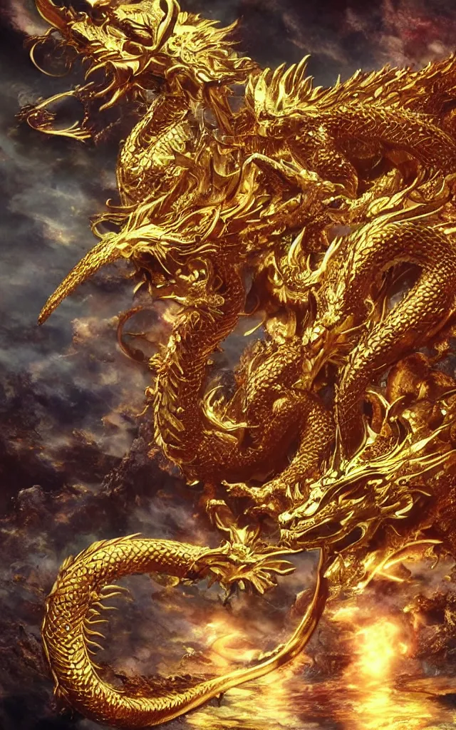 Image similar to golden dragon, epic, legendary, cinematic composition, stunning atmosphere by yoshitaka amano