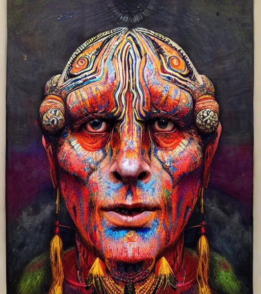 Prompt: Portrait painting in a style of Beksinski mixed with Alex Grey of an old shaman dressed in a colorful traditional clothes. Symmetry