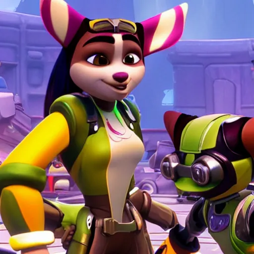 Image similar to kyla pratt kisses ratchet on the cheek in the ratchet and clank universe