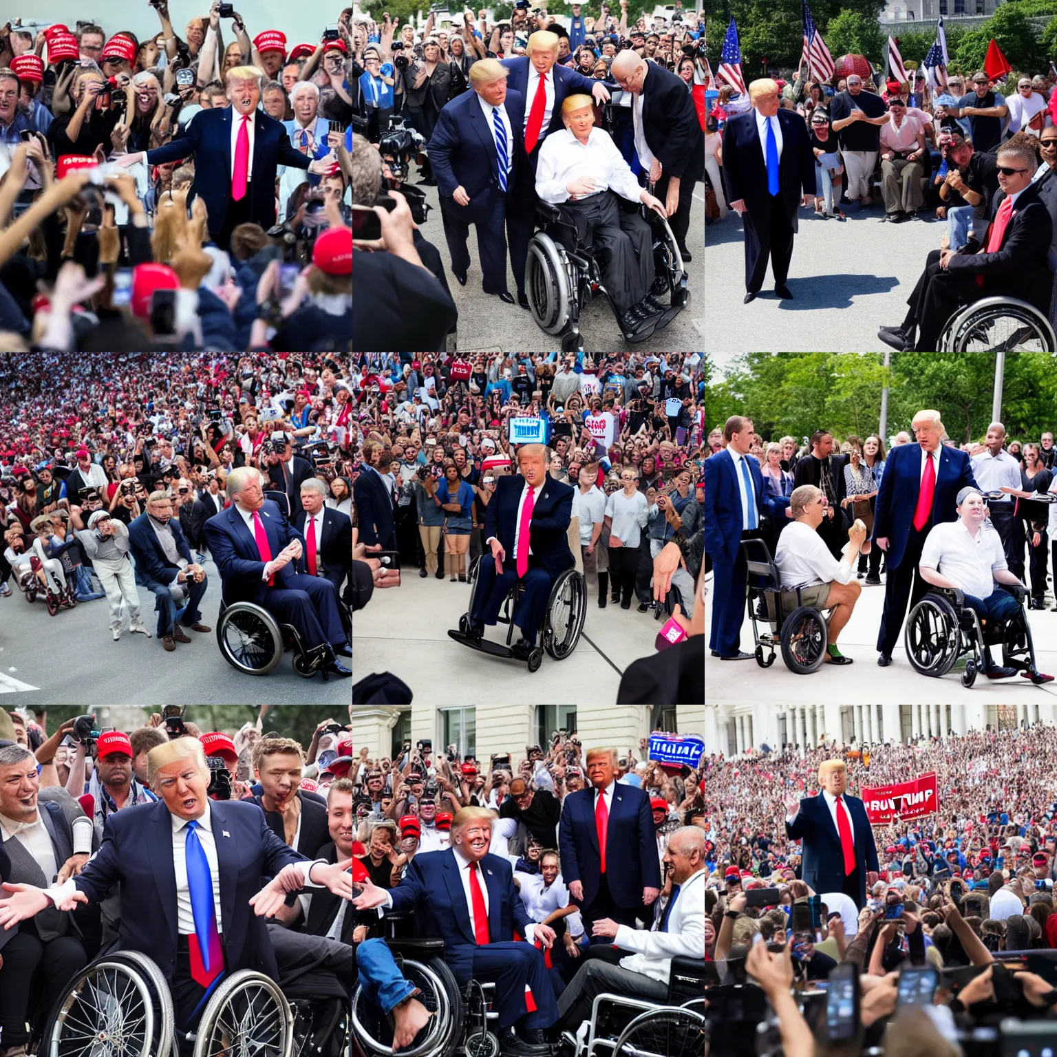 Prompt: donald trump in a wheelchair around a group of people, photograph, high resolution, high quality, beautiful, attractive