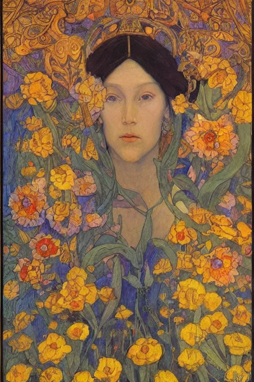 Image similar to queen of flowers by Annie Swynnerton and Nicholas Roerich, strong dramatic cinematic lighting , ornate headdress , flowing robes, lost civilizations, smooth, sharp focus, extremely detailed