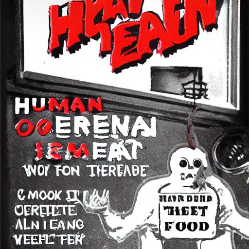 Image similar to human meat restaurant, horror, nightmare, cook, food, cooking