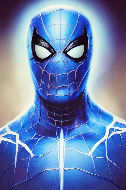 Image similar to elon musk as a blue suit spider man, realistic portrait, symmetrical, highly detailed, digital painting, artstation, concept art, smooth, sharp focus, illustration, cinematic lighting, art by artgerm and greg rutkowski and alphonse mucha