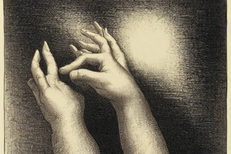 Prompt: woman hand, soft light, Gustave Dore lithography