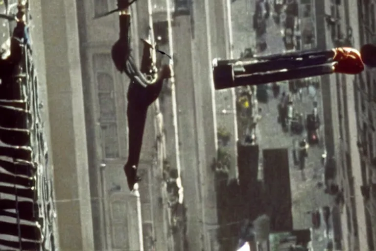 Image similar to movie still of donald trump in mission impossible hanging cable drop, photograph, tv show, cinematic