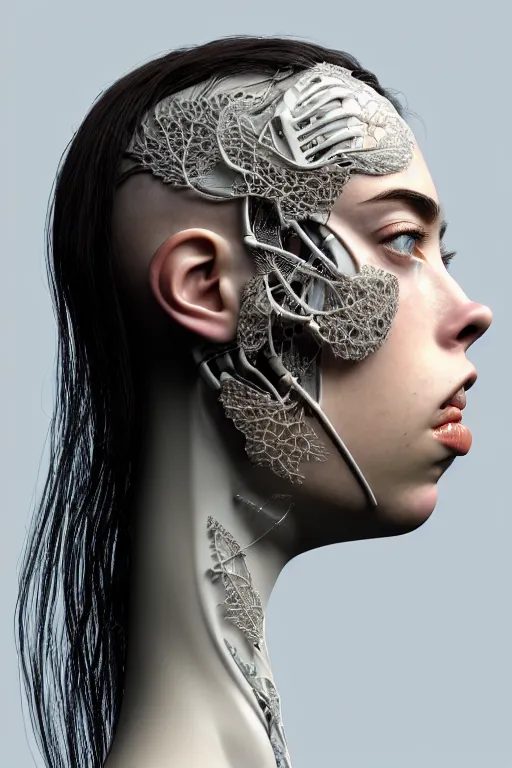 Prompt: complex 3d render ultra detailed of a beautiful porcelain profile Billie Eilish face, biomechanical cyborg, analog, 150 mm lens, beautiful natural soft rim light, big leaves and stems, roots, fine foliage lace, silver and Dichroism details, massai warrior, Alexander Mcqueen high fashion haute couture, pearl earring, art nouveau fashion embroidered, steampunk, intricate details, mesh wire, mandelbrot fractal, anatomical, facial muscles, cable wires, microchip, elegant, hyper realistic, ultra detailed, octane render, H.R. Giger style, volumetric lighting, 8k post-production