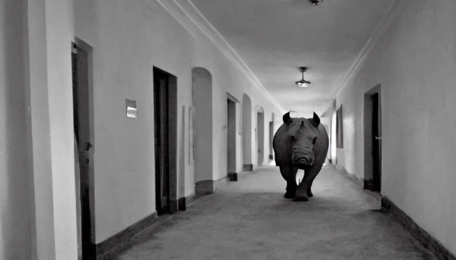 Image similar to a rhinoceros in a stalinist style house corridor, by mini dv camera, very very low quality, heavy grain, very blurry, accidental flash, caught on trail cam