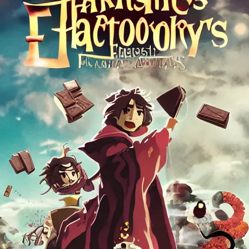 Prompt: poster for a film fantasy japanese animation called harry potter's fantastic chocolate factory, 8 k, hd, dustin nguyen, akihiko yoshida, greg tocchini, greg rutkowski, cliff chiang, award winning, awesome composition