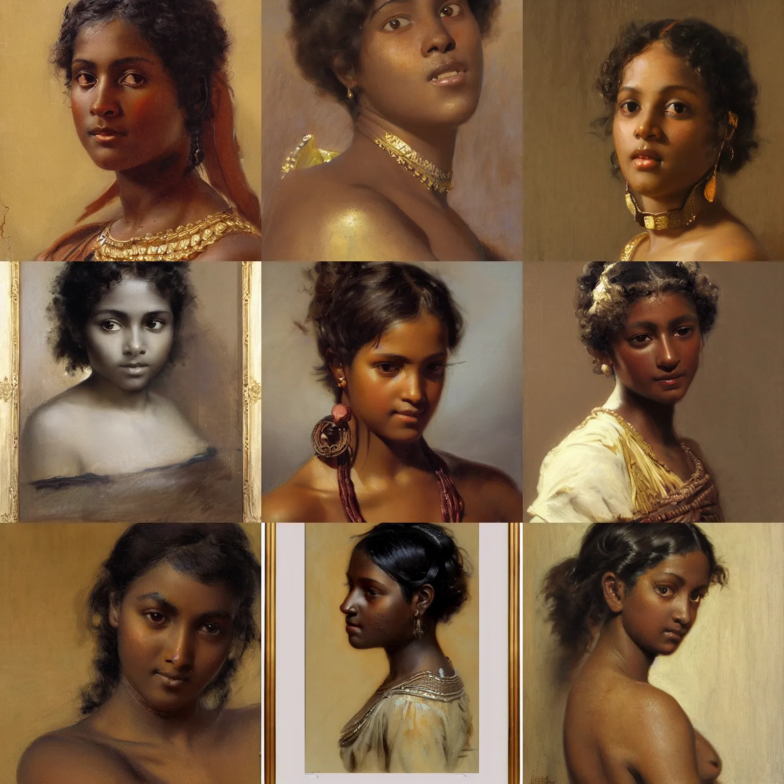 Prompt: cute dark - skinned young woman with short natural hair orientalism face detail by theodore ralli and nasreddine dinet and anders zorn and edwin longsden long, bronze age, sword and sorcery, oil on canvas, masterful intricate artwork, excellent lighting, high detail 8 k