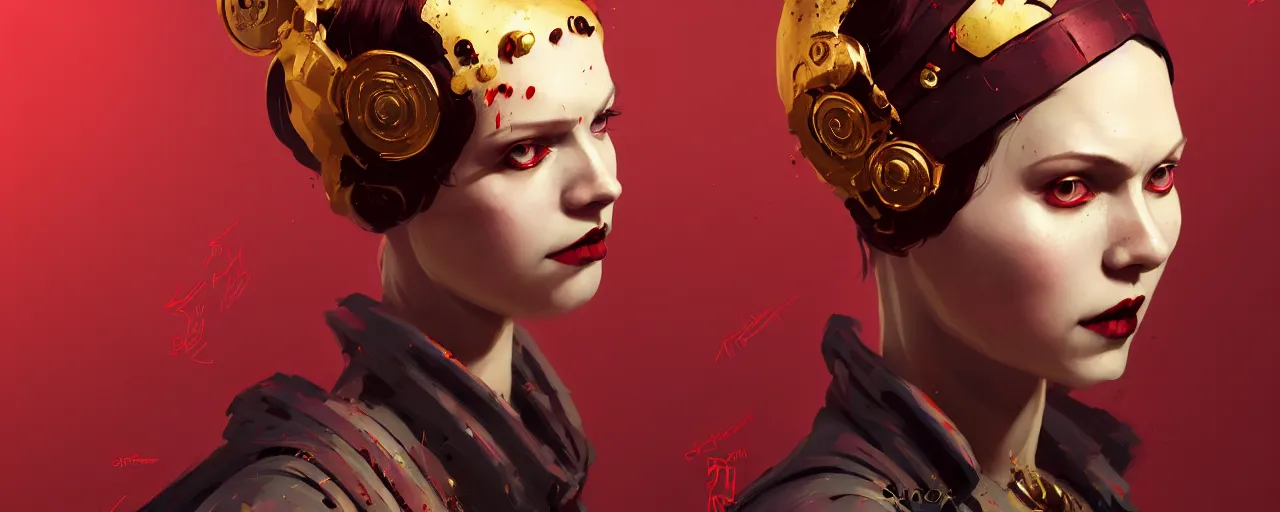 Image similar to duotone crimson noir illustration 3 / 4 portrait of orianna pale bruxa vampire from witcher 3 brownish ginger short hair chin length hairstyle headband brown clothes with golden ornaments. dynamic composition. by sachin teng and sergey kolesov and ruan jia and heng z. graffiti art, scifi, fantasy, hyper detailed. octane render. concept art. trending on artstation