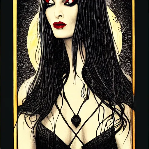 Prompt: Morticia Addams tarot card, gothic art, subdued color, detailed, eerie, emotional, gothic, sad, agitated, highly detailed, incredibly sharp focus, Artstation, deviantart, artgem, insane detail, intense black line art, precision detail, golden ratio, in the style of Heavy Metal Comics