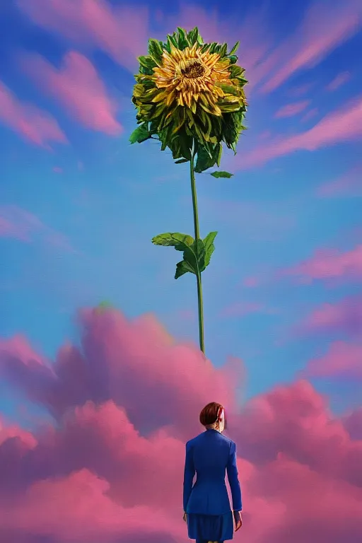 Image similar to closeup giant dahlia flower head, girl in a suit on a street, surreal photography, blue sky, sunrise, dramatic light, impressionist painting, digital painting, artstation, simon stalenhag