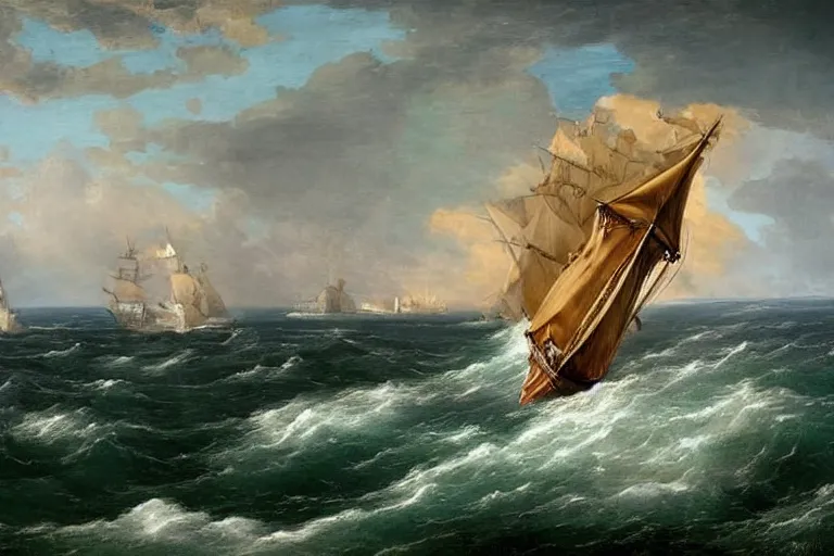 Image similar to beautiful ocean landscape man o war ship sailing with waves, mythology, fantasy, landscape background, vivid colors, digital painting, very detailed, realistic, high quality, by claude lorrain