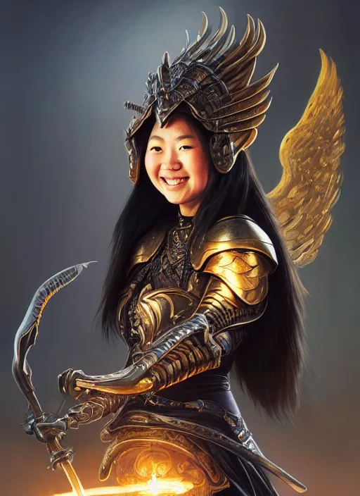 Image similar to Close-up portrait of smiling young asian woman wearing a black armor with skulls and a winged helmet and, holding a magic staff, portrait, fireball, highly detailed, digital painting, artstation, concept art, sharp focus, illustration, art by artgerm and greg rutkowski and alphonse mucha