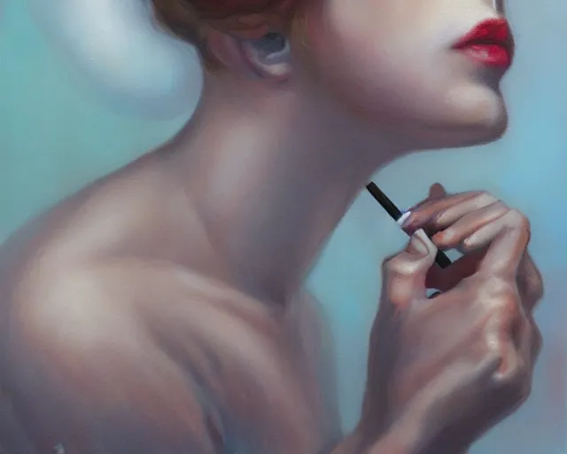 Image similar to a painting of a woman smoking a cigarette, an airbrush painting by marco mazzoni, featured on cgsociety, pop surrealism, airbrush art, smokey background, made of mist