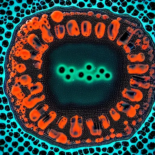 Prompt: microscopic petri dish photo of a transparent sectioned blue - green rod - shaped flagellated bacteria, microscopic photo, orange, dark black background, fluids inside