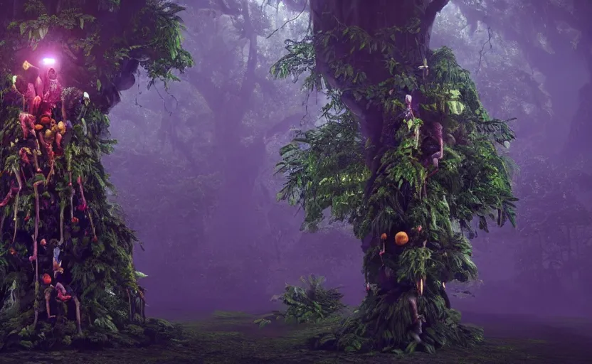 Image similar to a beautiful render of a tree with human heads as fruits in rainforest, big flashlight lighting, intricate detail, hazy, humid, volumetric lighting, god rays, 8 k, photorealistic, raytracing effects, unreal engine 5, terrorific, suspense