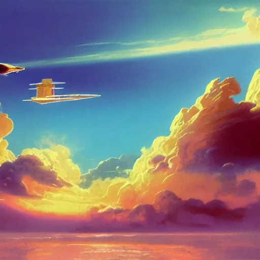 Image similar to beautiful matte painting of golden shores of a blue dreamy ocean, heavenly island in the clouds floating above the ocean, spaceship flying by, sci - fi, daylight, blue sky, cinematic lighting, cinematic perspective, syd mead, john harris, federico pelat