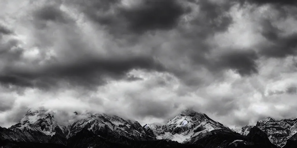 Prompt: Cloudy peaks, National Geographic magazine-style photos