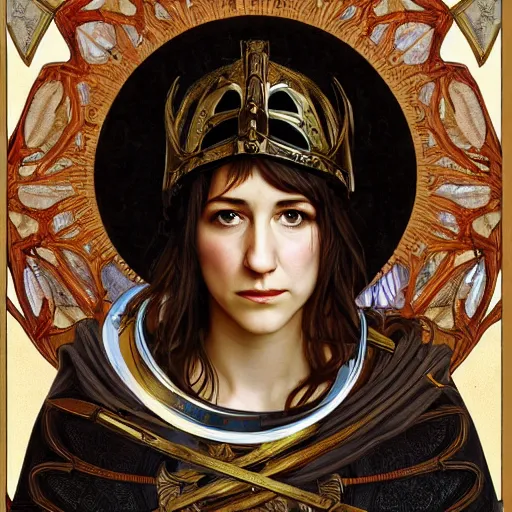 Image similar to portrait of charlotte gainsbourg as joan of arc in armor, hyperrealistic digital painting, iconography influenced by alphonse mucha and eugene delacroix, arstation and deviantart trends, high resolution 8 k