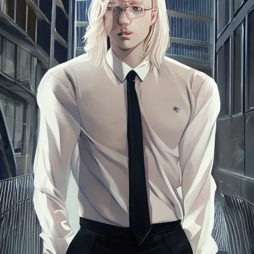 Image similar to portrait of the male model Lucius Bjornsson with beautiful long pale blond hair, albino white pale skin, posing for a photoshoot in the golden hour, white dress shirt and black miniskirt, broad shoulders and huge thick arms, ambient lighting, 4k, anime key visual, lois van baarle, ilya kuvshinov, rossdraws, artstation