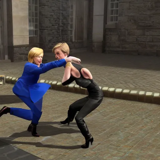 Image similar to Mortal Combat 5 screenshot of first Minister Nicola Sturgeon fighting British conservative Mp Liz Truss in battle