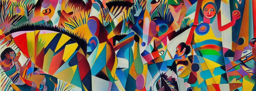 Prompt: party in jungles, girls with a slim figure in carnival skirts and guys in polygonal print shorts dance to the sound of ethnic drums, author zima blue, very elongated lines, wasily kandinsky, malevich, surrelialism, color splashes, grain