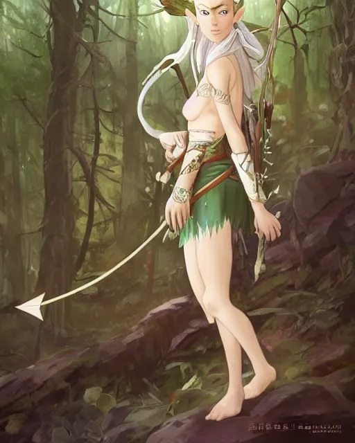 Prompt: a female elven tribe hunter, white standing in a green, luscious forest. Holding a bow in her left hand. Atmospheric lighting. By Makoto Shinkai, Stanley Artgerm Lau, WLOP, Rossdraws, James Jean, Andrei Riabovitchev, Marc Simonetti, krenz cushart, Sakimichan, D&D trending on ArtStation, digital art.