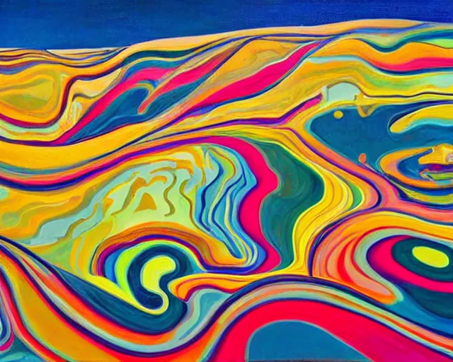 Prompt: A wild, insane, modernist landscape painting. Wild energy patterns rippling in all directions. Curves, organic, zig-zags. Saturated color. Mountains. Clouds. Rushing water. Waves. Psychedelic dream world. Wayne Thiebaud. Lisa Yuskavage landscape.