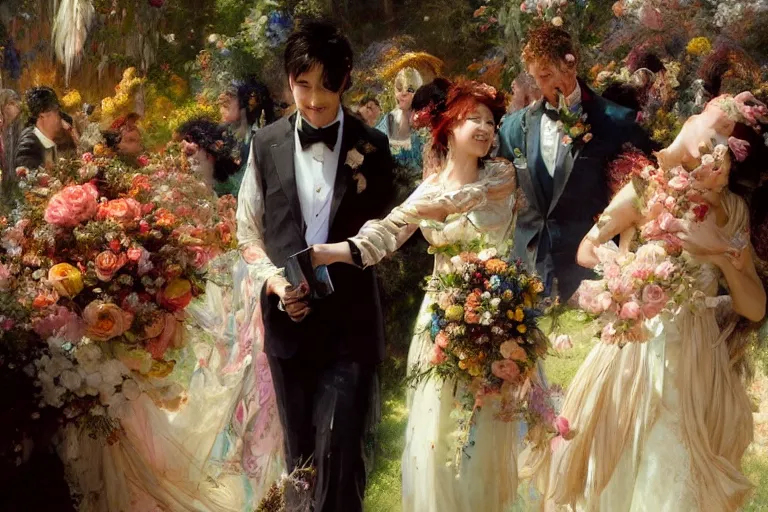 Image similar to the groom look at the bride at a wedding full of flowers, bright and happy, dreamlike art, highly detail, 4 k realistic, wedding photoy krenz cushart, artem demura, yoji shinkawa artgerm, jon lothian, danilo torres. adi meyers. thomas reimann. gaston bussiere.