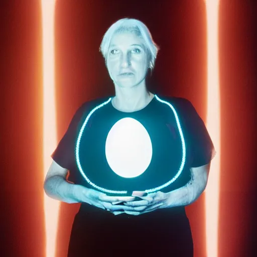 Prompt: annie liebowitz portrait of a plasma energy tron plastic egg, made up of glowing electric polygons. cinestill