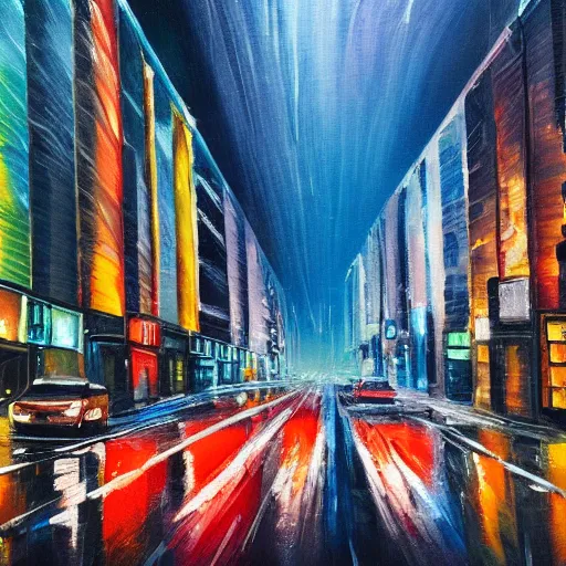 Image similar to city streetscape, dark road with cars, people at night, tall buildings with shops below at street level, neon lights above shops, headlights and stop lights illuminating surroudings, raining, very dark lighting, abstract oil painting