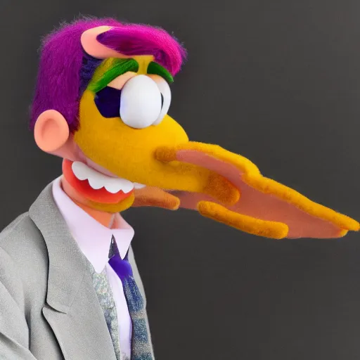 Image similar to Waluigi reimagined as a Muppet, photorealistic