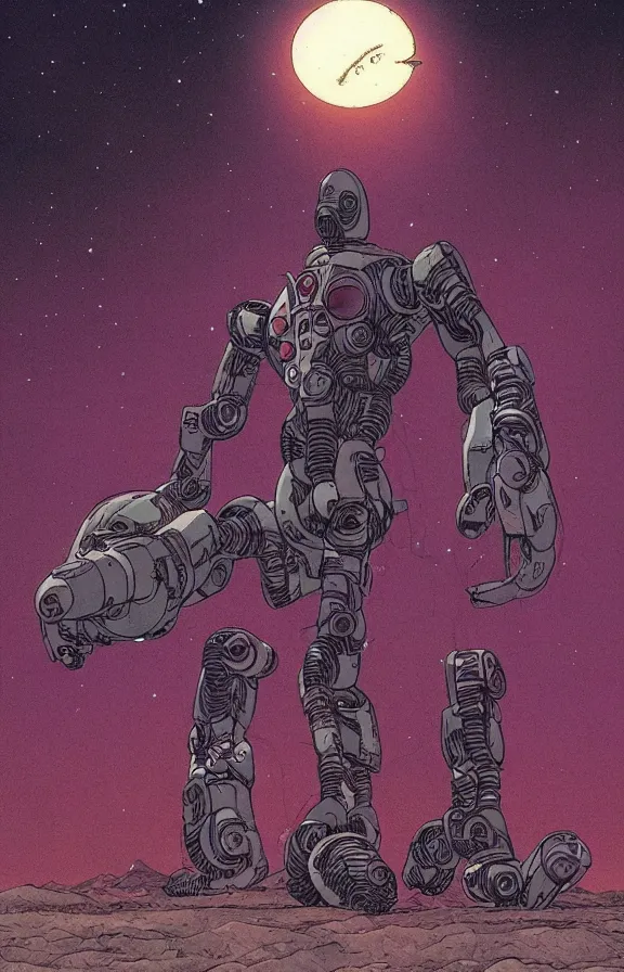 Image similar to Artwork by moebius and oscar chichoni, A depressive colossal robotic alien ascending into the infinite universe