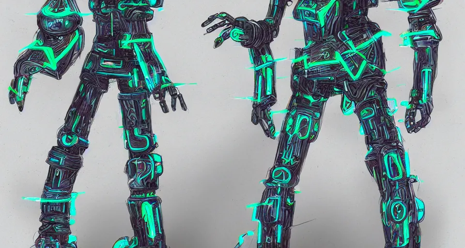 Image similar to concept art of a lanky cyberpunk robot that is overgrown by neon mushrooms, digital art, concept art, character sheet, character design